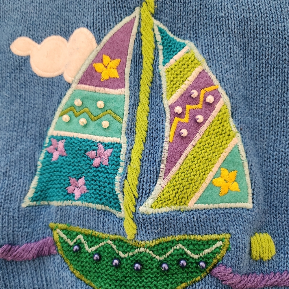 Vintage Quacker Factory Blue Tropical Seashort Cardigan Sweater - Picture 7 of 9